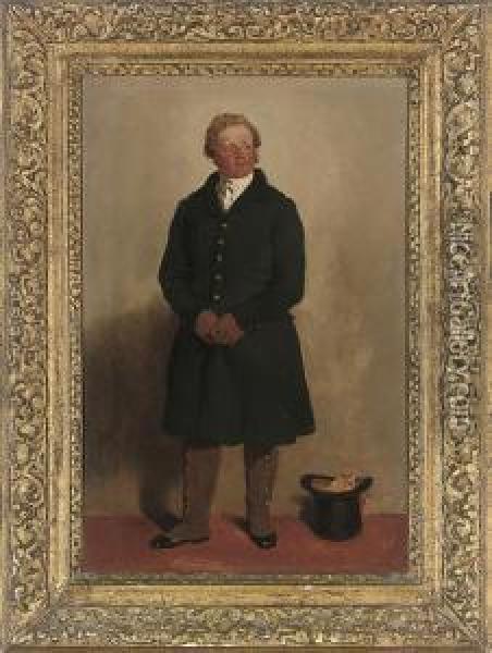 Portrait Of A Gentleman, 
Full-length, In A Blue Coat And Whiteshirt, A Top Hat And Scarf Beside 
Him Oil Painting - Samuel de Wilde