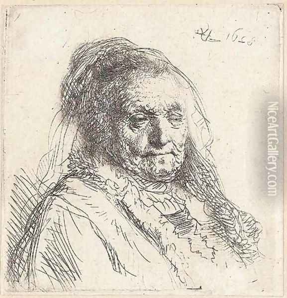 The Artist's Mother, Head and Bust Three Quarters right Oil Painting - Rembrandt Van Rijn