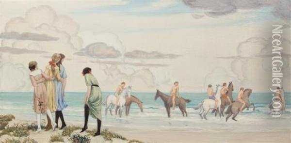 Girls And Horses On Beach Oil Painting - Bryson Burroughs