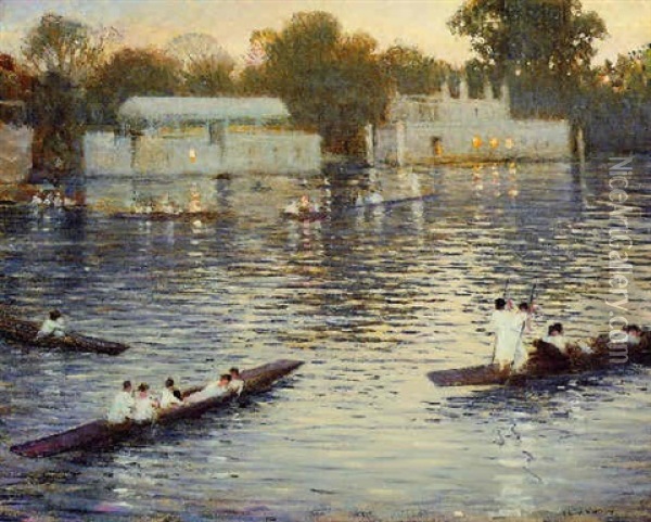 Sunday Evening, Punts On The Thames At Henley Oil Painting - Christopher Richard Wynne Nevinson