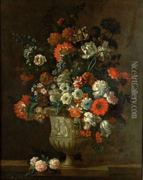 Bouquet De Fleurs Dans Un Vase Sur Un Entablement Oil Painting - Pieter Casteels III