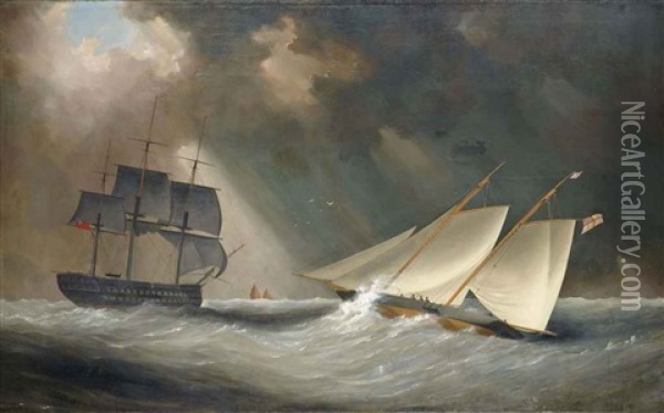 A Racing Schooner Of The Royal Yacht Squadron, Thought To Be Camilla, Heeling In The Breeze In The Channel With A Royal Navy Two-decker About To Cross Ahead Of Her Oil Painting - Nicholas Matthew Condy