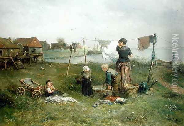 Hanging Up the Washing Oil Painting - Jan Mari Henri Ten Kate