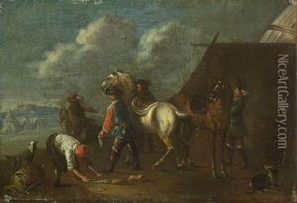 Krieger Mit Ihren Pferden Beim Hufschmied Oil Painting - Jakob Jung