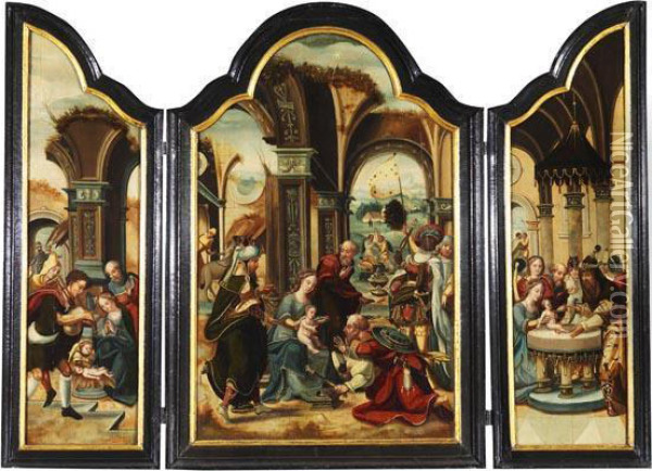 Triptychon Mit Der Anbetung Der Konige Oil Painting - Pieter Coecke Van Aelst