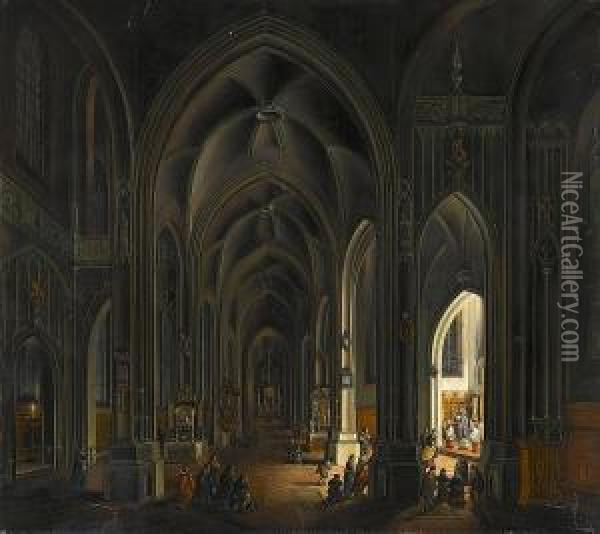 A Church Interior With Figures Before A Candlelit Chapel Oil Painting - Johann Ludwig Ernst Morgenstern