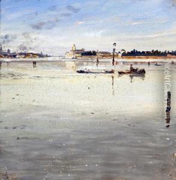 On The Venetian Lagoon Oil Painting - Edgar Thomas Wood