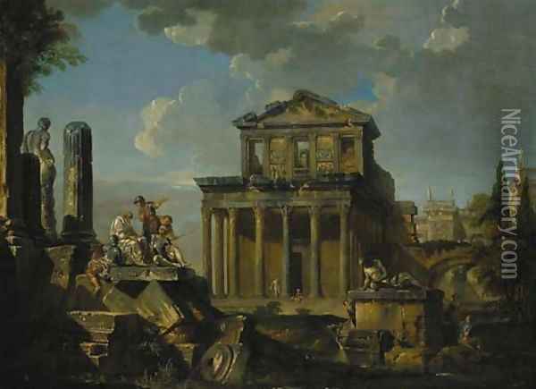 Soldiers listen to a philosopher on a pile of broken columns before the Temple of Antoninus Pius and Anna Galeria Faustina Oil Painting - Giovanni Paolo Panini