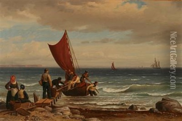 Coastal Scene With Fishermen Who Gets The Caught On Land Oil Painting - Peter (Johann P.) Raadsig