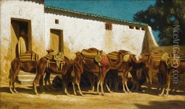 Camels At Rest, Algiers Oil Painting - Marcus A. Waterman