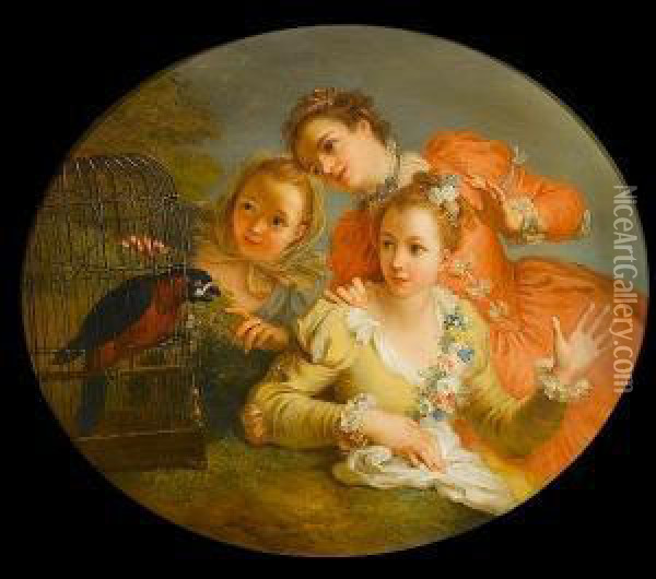 Three Young Girls With A Blue Parrot In A Cage Oil Painting - Joseph Melling