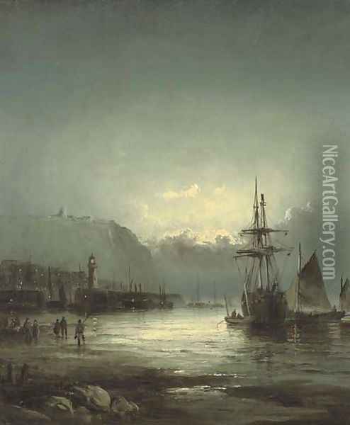 Whitby harbour at dusk Oil Painting - William A. Thornley or Thornbery