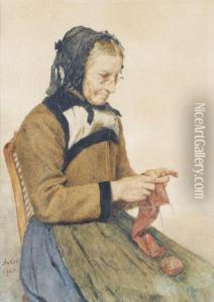Strickende Grossmutter. Oil Painting - Albert Anker