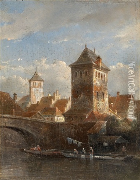 A View Of A Riverside Town With Laundresses Oil Painting - Kasparus Karsen