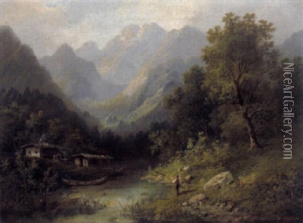 Gebirgslandschaft Mit Angler Oil Painting - Eduard Boehm