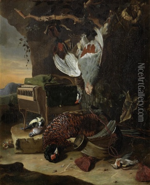 A Dead Pheasant With Dead Song Birds At The Foot Of A Tree Oil Painting - Adriaen Coorte