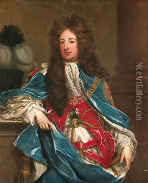 Portrait of a Gentleman, traditionally identified as William Bentinck, 1st Earl of Portland (1649-1709), three-quarter-length, in Garter robes Oil Painting - Michael Dahl
