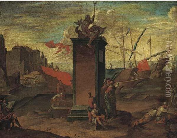 A Mediterranean Harbour With A 
Statue Of Neptune Being Sketched Byan Artist, A Maltese Ship Moored 
Beyond Oil Painting - Agostino Tassi