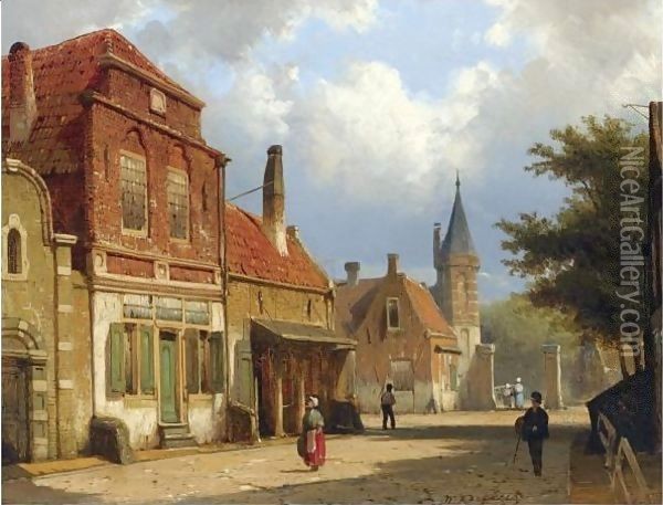 Figures In The Sunlit Streets Of A Dutch Town Oil Painting - Willem Koekkoek