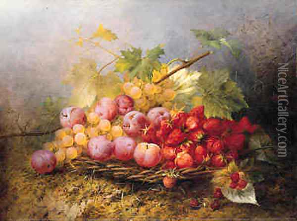 Still Life with Grapes, Plums and Strawberries Oil Painting - Joseph Eugene Gibault