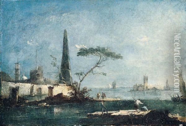 A Capriccio Of The Venetian Lagoon With An Obelisk, A Fortified Island, And Fishermen In The Foreground Oil Painting - Francesco Guardi