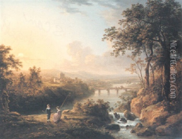A River Landscape, Children Fishing In The Foreground Oil Painting - Abraham Pether