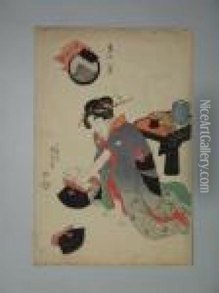 Une Jeune Femmeaccroupie Prepare Un Repas Oil Painting - Kunisada