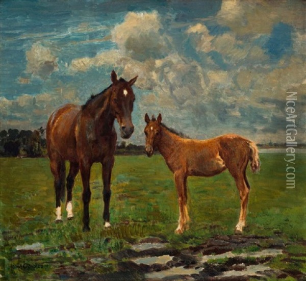 Mare And Foal Oil Painting - Frans David Oerder