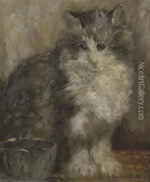 The Contented Cat Oil Painting - Charles van den Eycken I