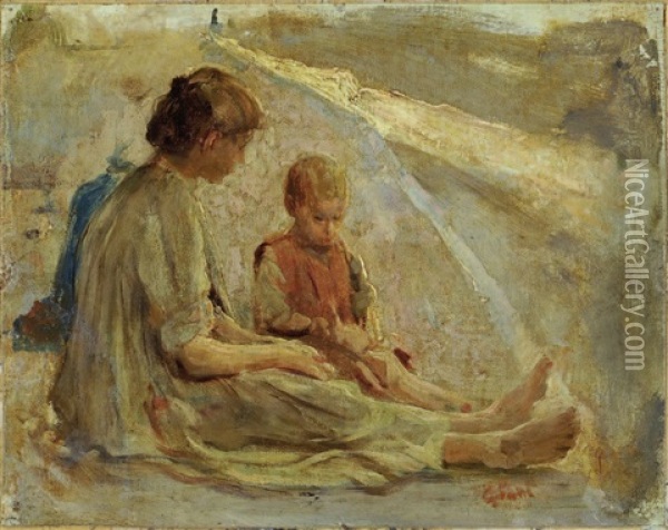 Madre E Figlio Oil Painting - Cesare Ciani