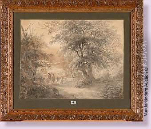 Bergers Et Leur Troupeau Sur Un Chemin Forestier Oil Painting - Cornelis Kimmel
