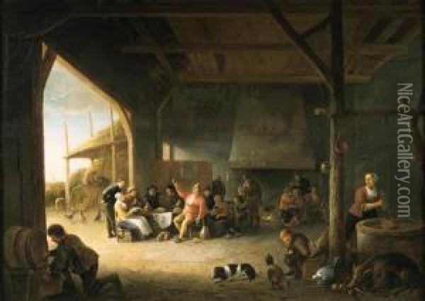 The Interior Of A Barn With Boors Carousing
Signed And Dated 'p. De. Bloot/1644' Oil Painting - Pieter de Bloot