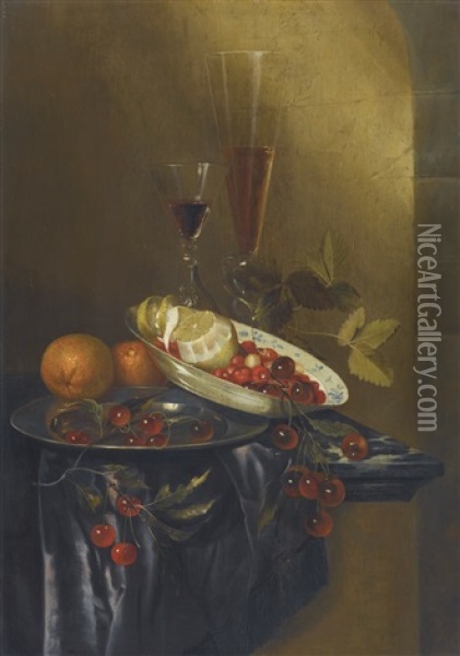 Still Life With Cherries, Lemons, Fraises-de-bois, Oranges And Two Fine Wine Glasses, All Upon A Marble Table Partly Draped With A Silk Cloth Oil Painting - Harmen Loeding