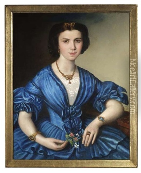 Bildnis Einer Jungen Dame Im Blauen Atlaskleid Mit Einem Kleinen Blumenstrauschen Oil Painting - Ludwig Beyfuss