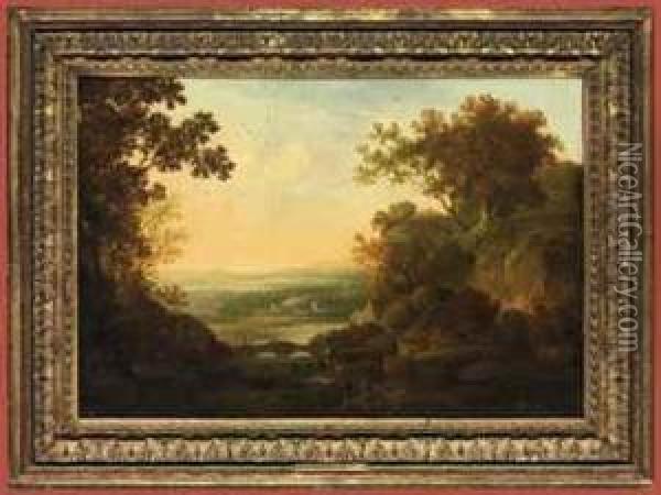 A Capriccio River Landscape With Figures Fishing, The Temple Ofvesta On A Hill Beyond Oil Painting - George, of Chichester Smith