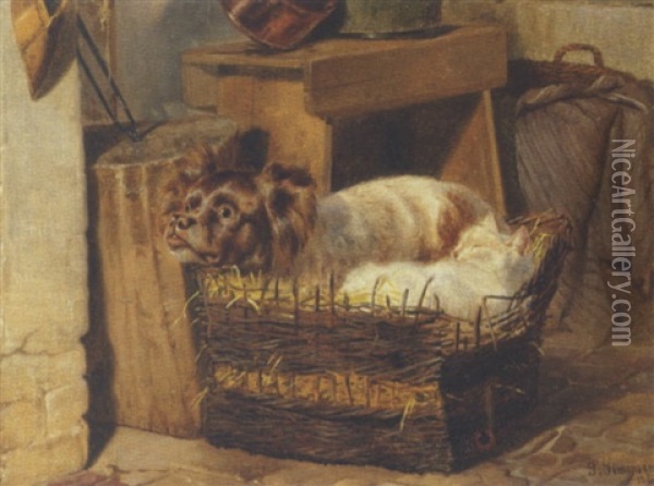 Hund Og Kat I En Kurv. Hunden Betragter En Bi Oil Painting - Simon Simonsen