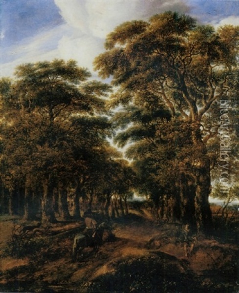 A Wooded Landscape With A Horseman On A Sandy Road And A Fisherman By A Pond In The Foreground Oil Painting - Pieter Jansz van Asch