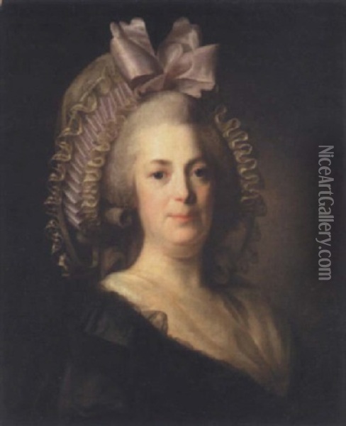 Portrait Of A Woman Wearing A Black Dress With A White Bonnet And Pink Ribbon Oil Painting - Henri-Pierre Danloux