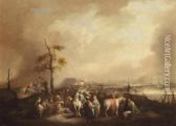Soldiers Outside An Encampment Near The Coast, A Naval Battle Beyond Oil Painting - Christian Wilhelm Ernst Dietrich