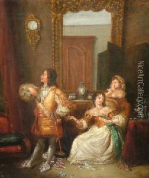 Cavalier With A Lady And Attendant In An Interior Oil Painting - Pio Ricci