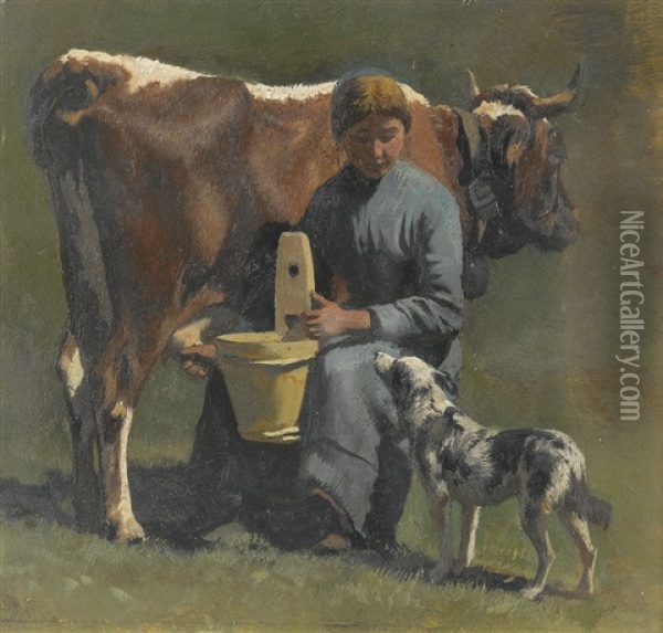 Jeannette Et Sa Vache Oil Painting - Albert Lugardon