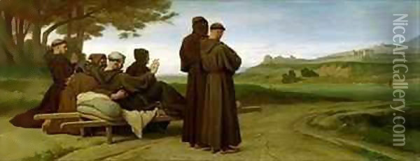 St. Francis of Assisi, while being carried to his final resting place at Saint-Marie-des-Anges, blesses the town of Assisi in 1226 Oil Painting - Francois Leon Benouville