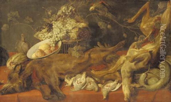 A Dead Boar, With Partridge, A 
Kingfisher And A Dead Deer On A Draped Table With A Melon, A Bowl With 
Apples And A Lemon, A Basket Of Grapes, And A Parakeet On A Vine Branch Oil Painting - Frans Snyders