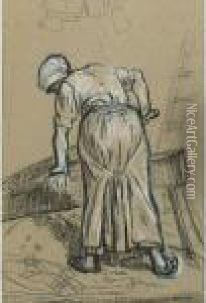 Study Of A Woman Breaking Flax Oil Painting - Jean-Francois Millet