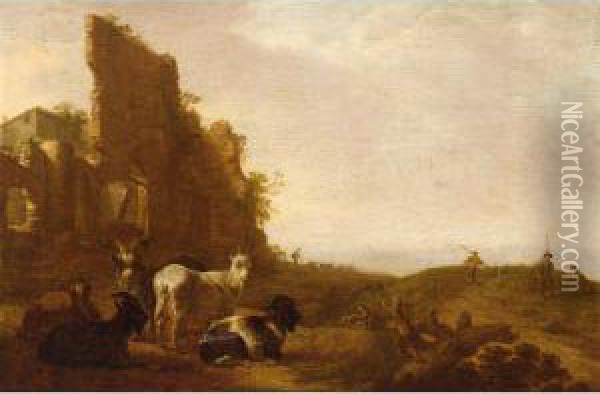 Goats Near A Ruin With Herdsmen Beyond Oil Painting - Jacob De Heusch