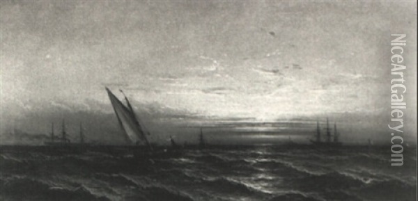 Ships At Sea, Break Of Day Oil Painting - James Hamilton