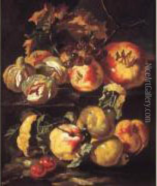 Nature Morte Aux Pommes, Grenade Figues Et Raisins Sur Un Entablement Oil Painting - Bartolomeo Castelli Spadino