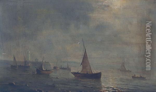 Fishing Vessels Off A Moonlit Coast; And Another, Ship Wreck Oil Painting - Herminie Gudin