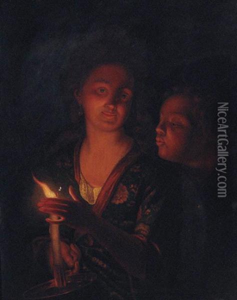 A Boy Blowing A Candle Held By A Lady Oil Painting - Godfried Schalcken