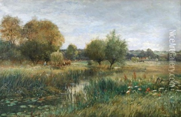 Haymaking In River Meadows Oil Painting - Saville Lumbley Flint